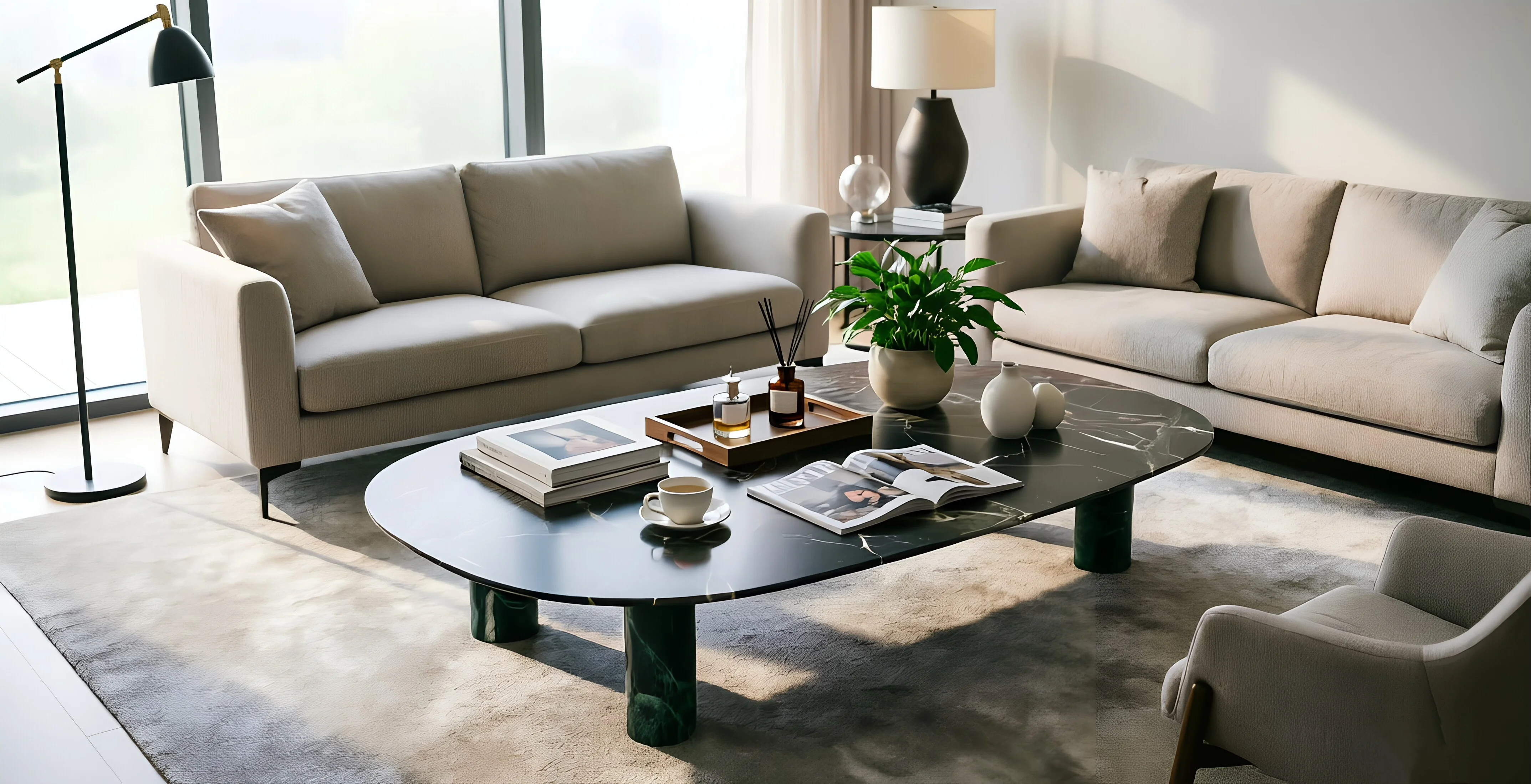 Veridian Pillar Marble Table — alternate angle