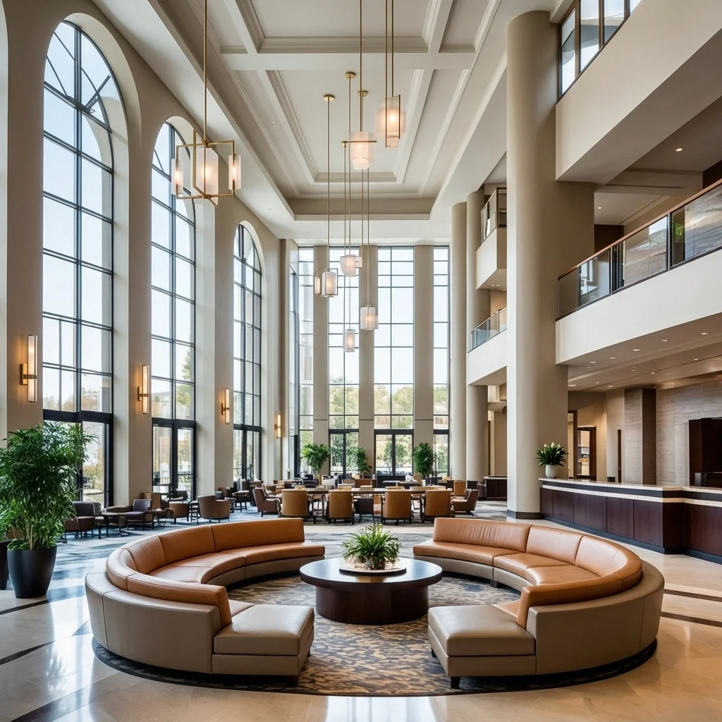 Boutique hotel lounge with custom seating and warm lighting