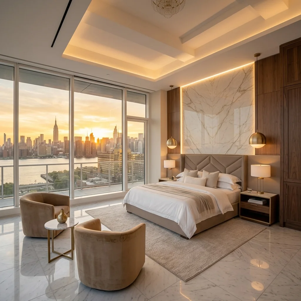 Penthouse bedroom with panoramic views and custom bed frame