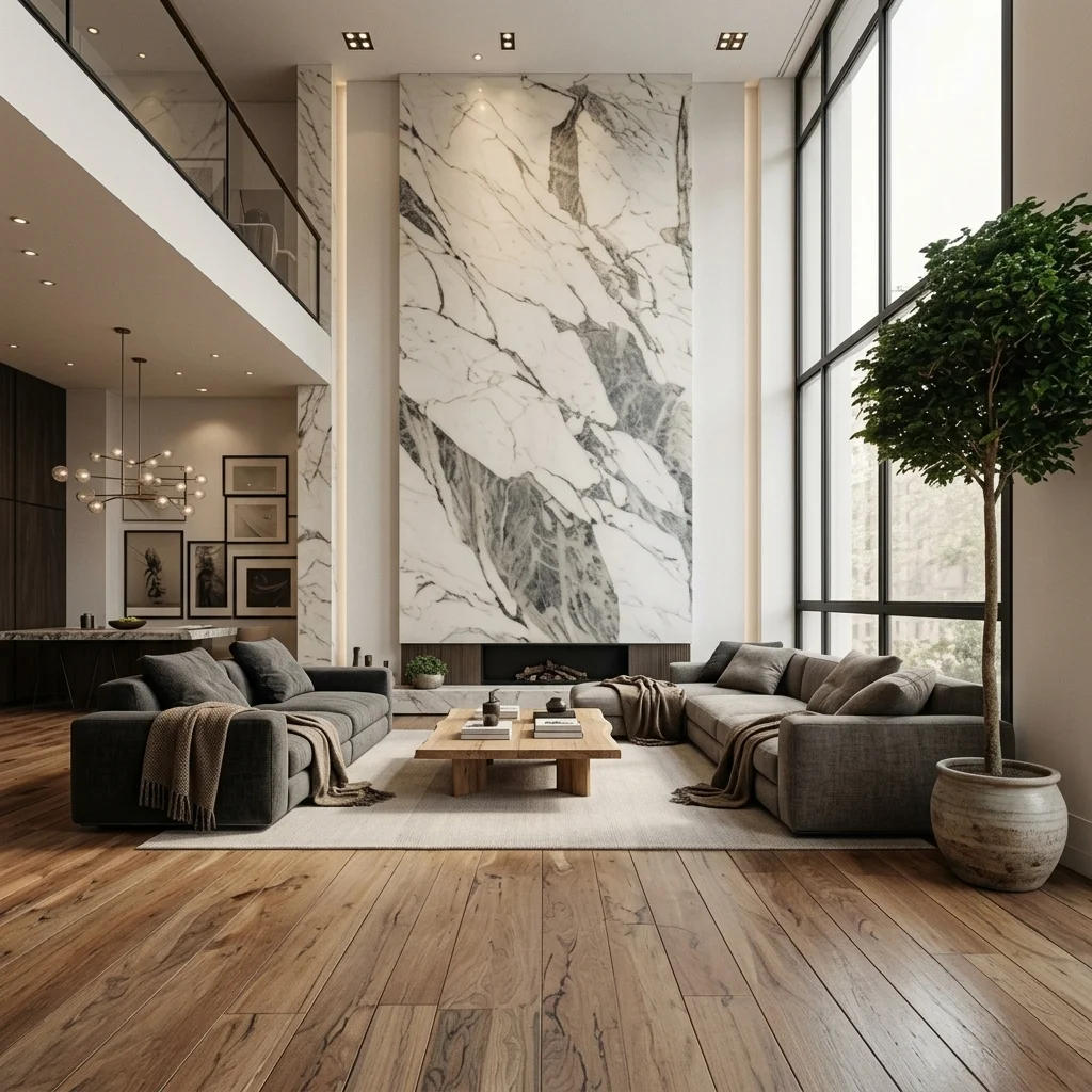 Villa living room with minimalist furniture and natural light