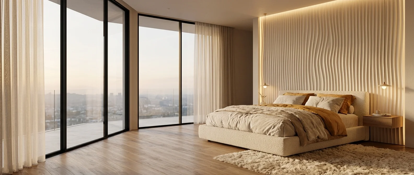 Townhouse bedroom with custom bed and nightstands