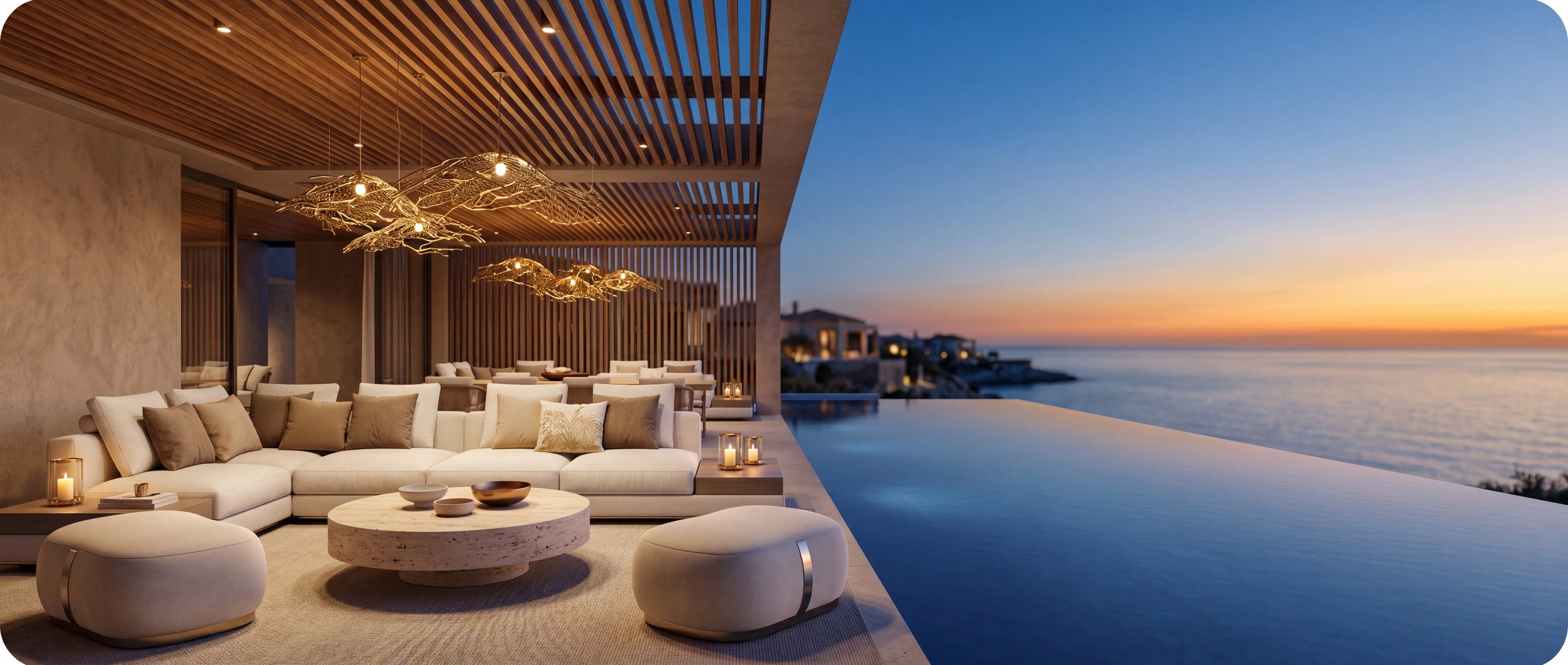 Hotel outdoor lounge area with weather-resistant furniture